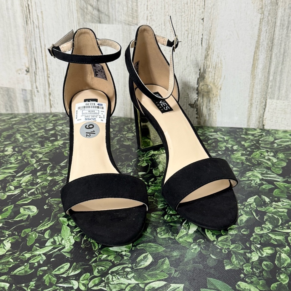 Jones New York Black Suede Heels with Ankle Strap with Gold Trim - Picture 3 of 13